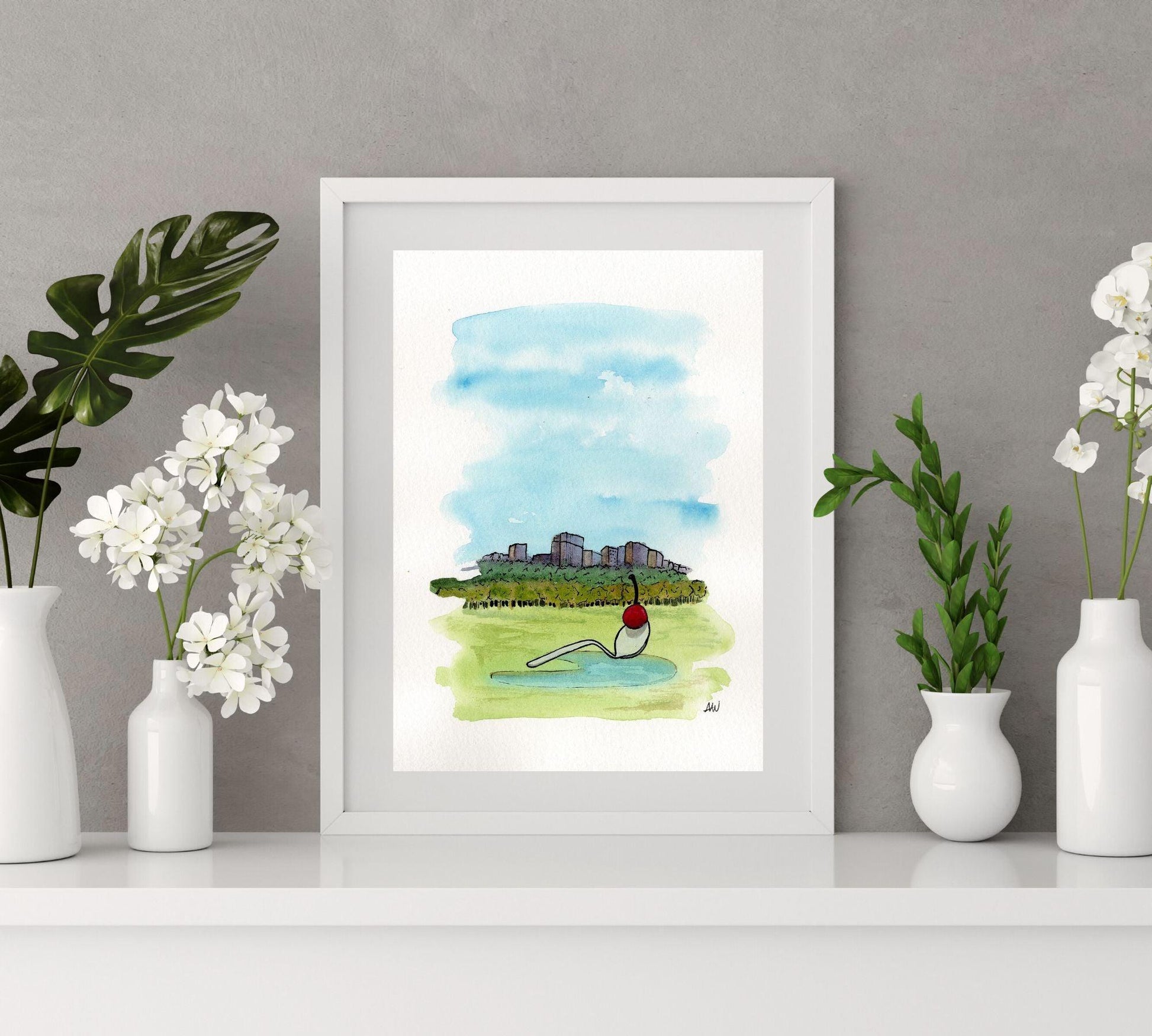 Cherry and Spoon in Pen and Watercolor - Archival Quality Art Print - alyssawhetstoneart