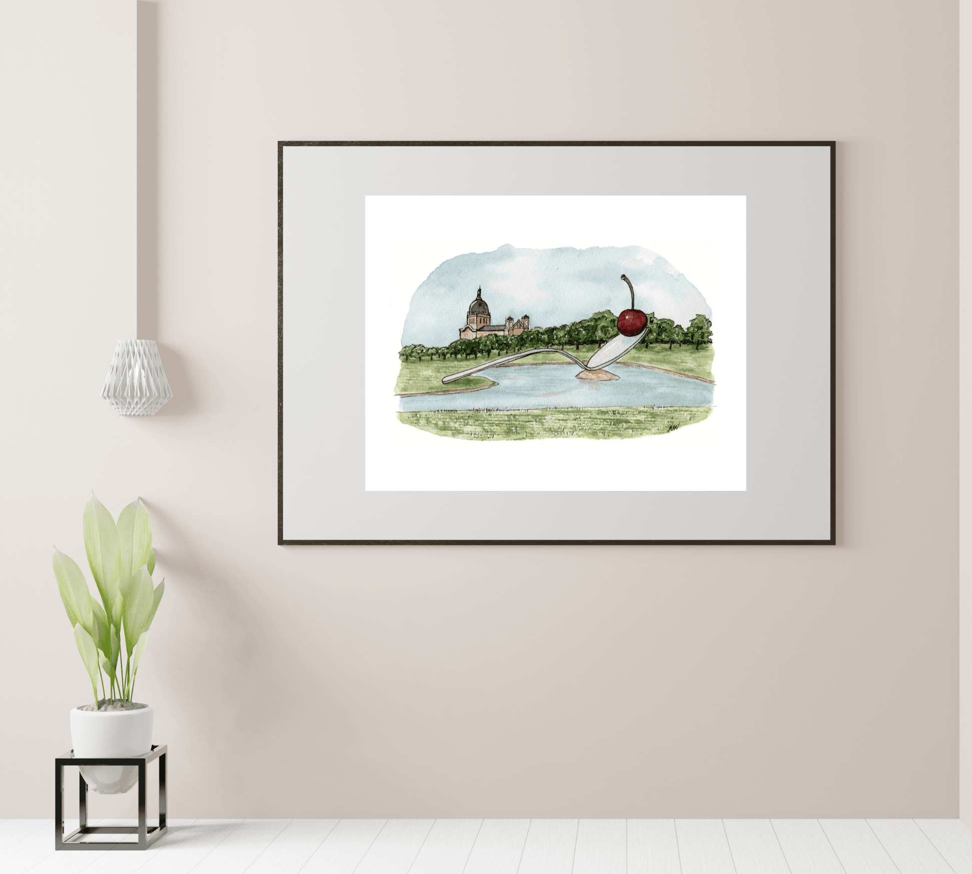 Cherry and Spoon Sculpture - Pen and Watercolor Art - Archival Quality Art Print - alyssawhetstoneart