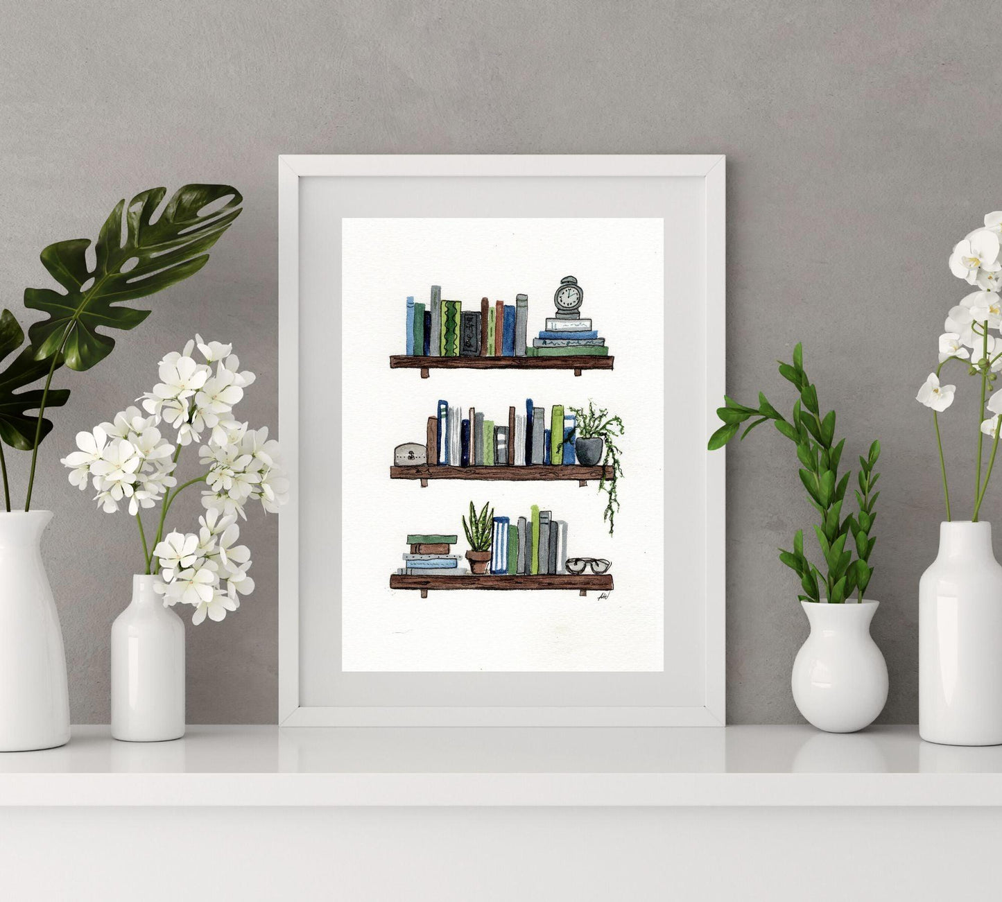 Bookshelves - Pen and Watercolor Archival Art Print