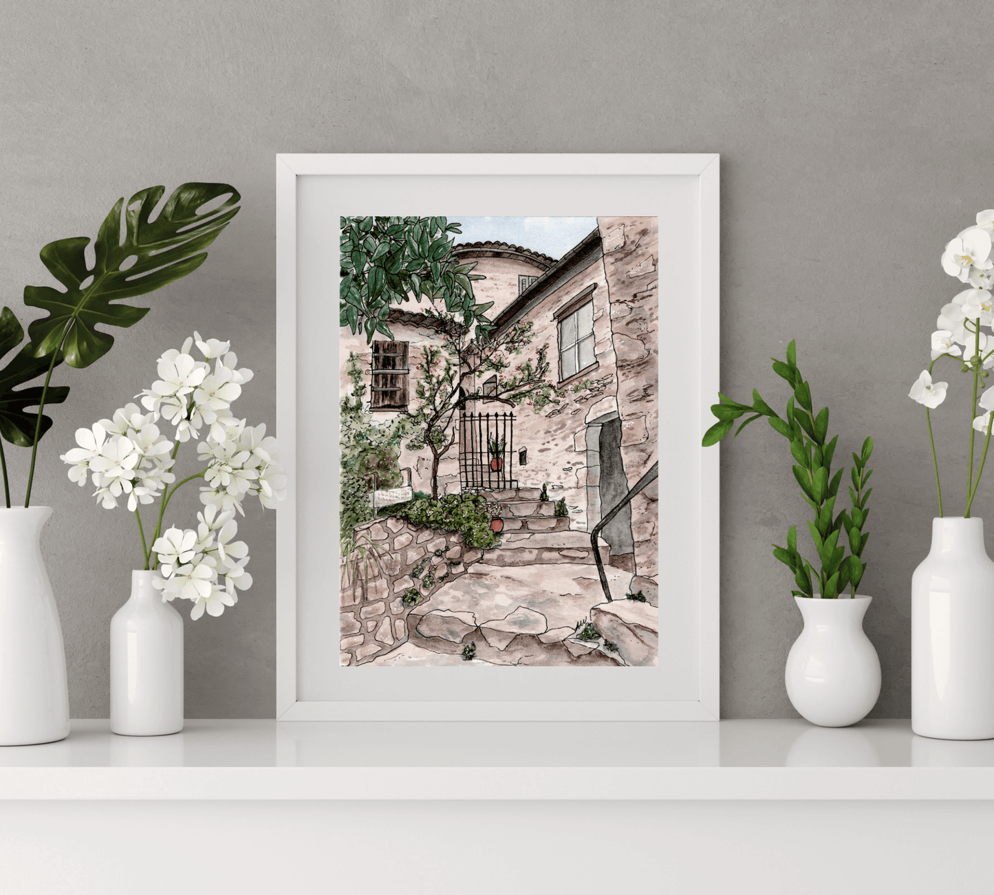 Eze Village France Pen and Watercolor Art - Archival Quality Art Print