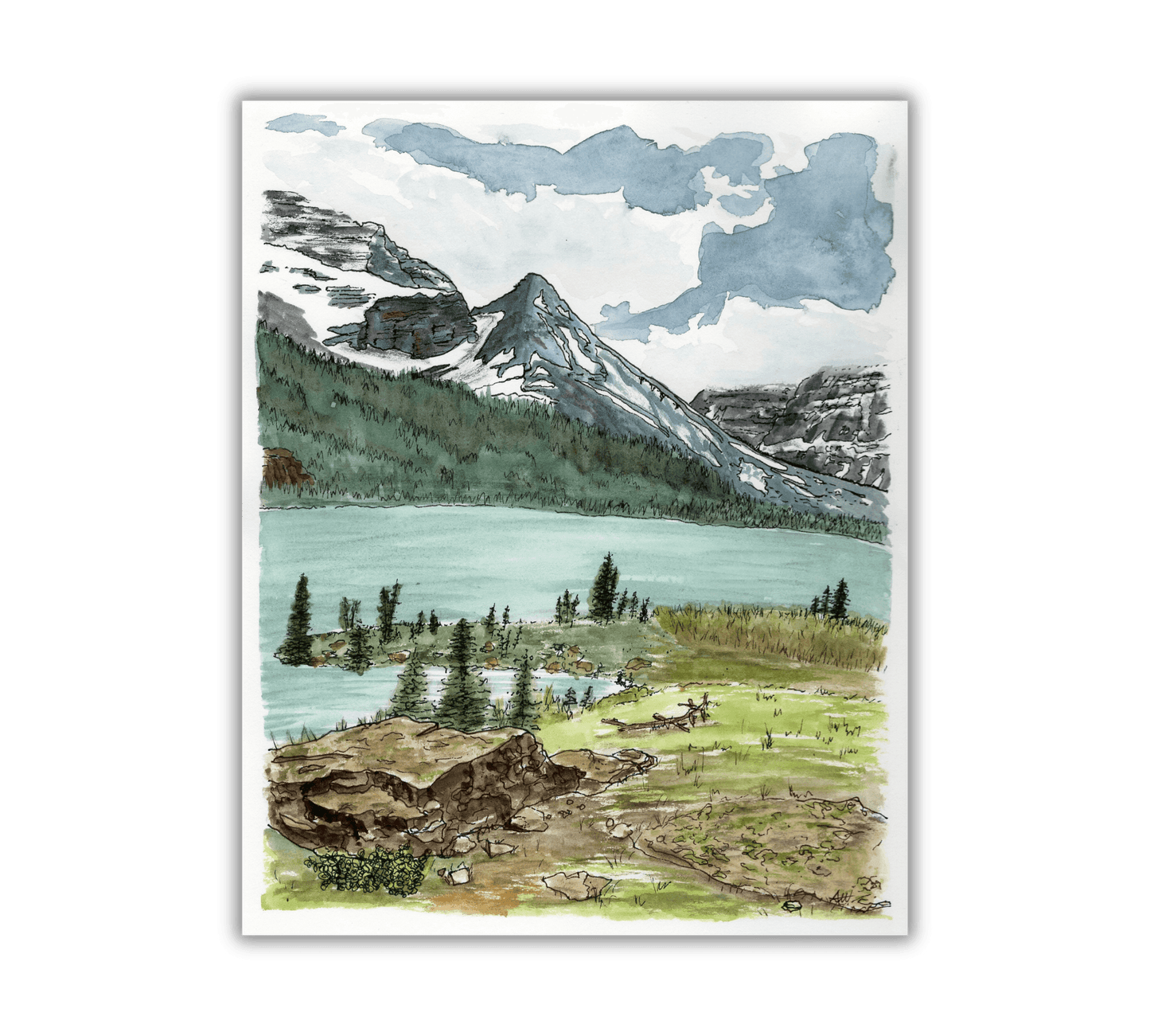 Many Glacier Montana - East Glacier National Park in Pen and Watercolor - Archival Quality Art Print - alyssawhetstoneart