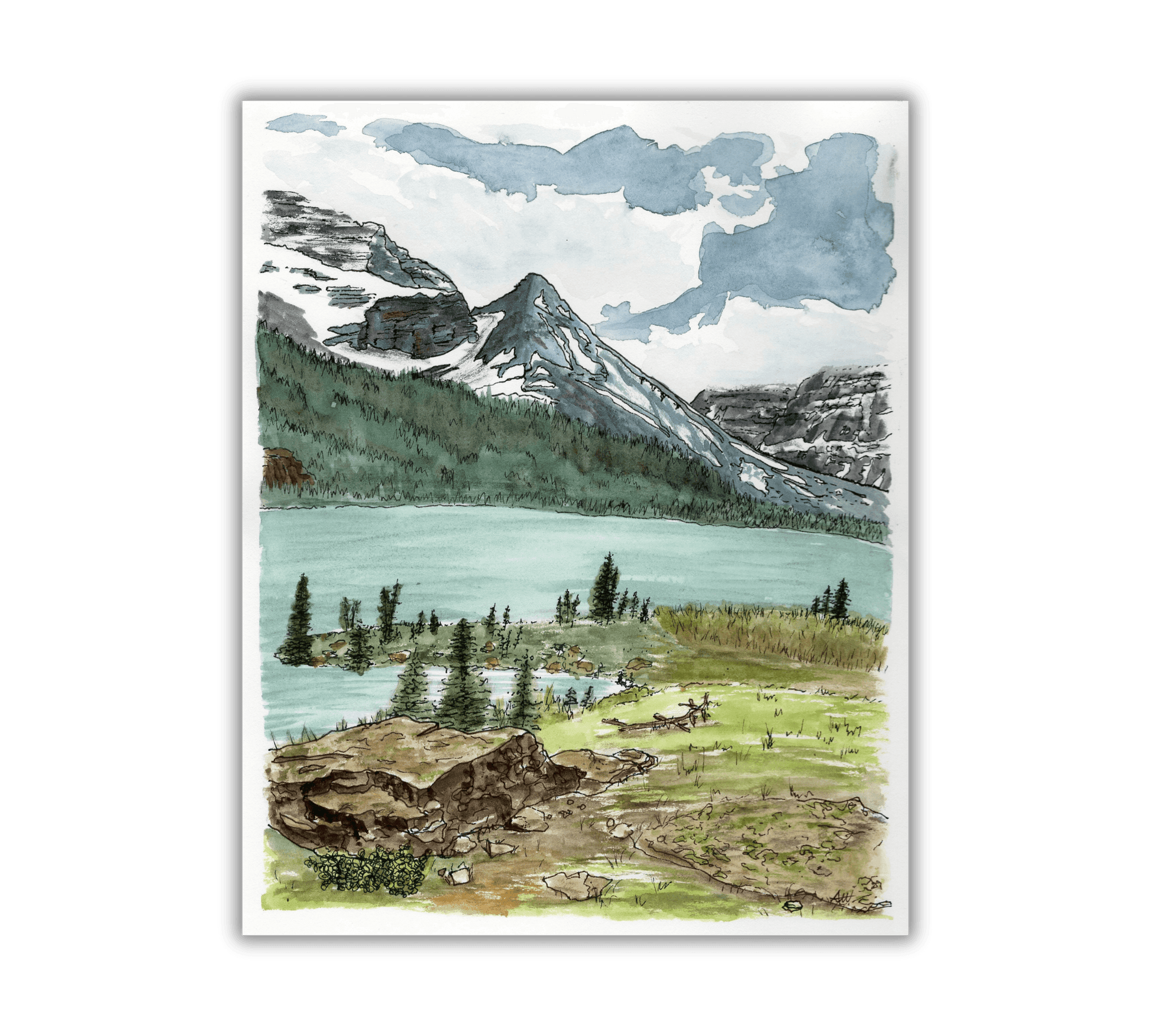 Many Glacier Montana - East Glacier National Park in Pen and Watercolor - Archival Quality Art Print - alyssawhetstoneart