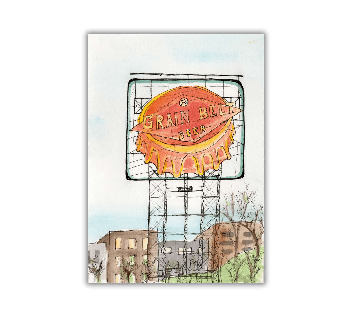 Grain Belt Beer Sign in Minneapolis - Pen and Watercolor Art - Archival Quality Art Print