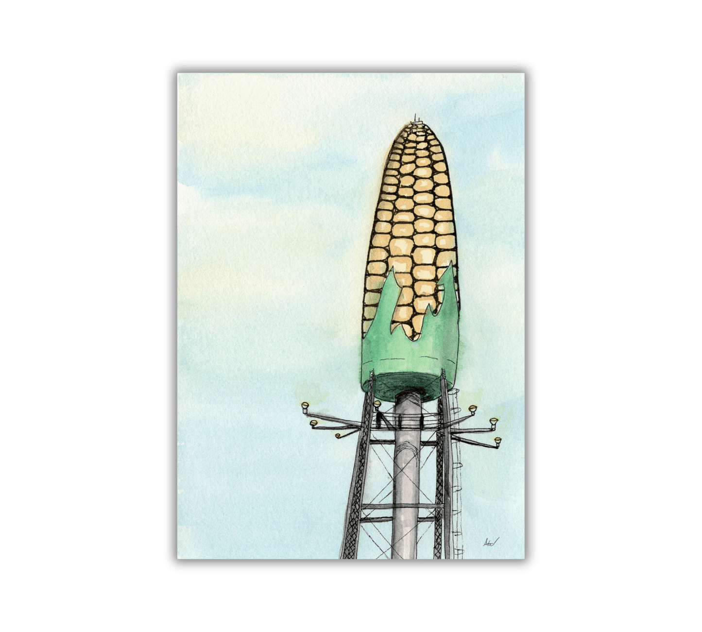 Rochester Corn Water Tower Pen and Watercolor Painting - Archival Quality Art Print