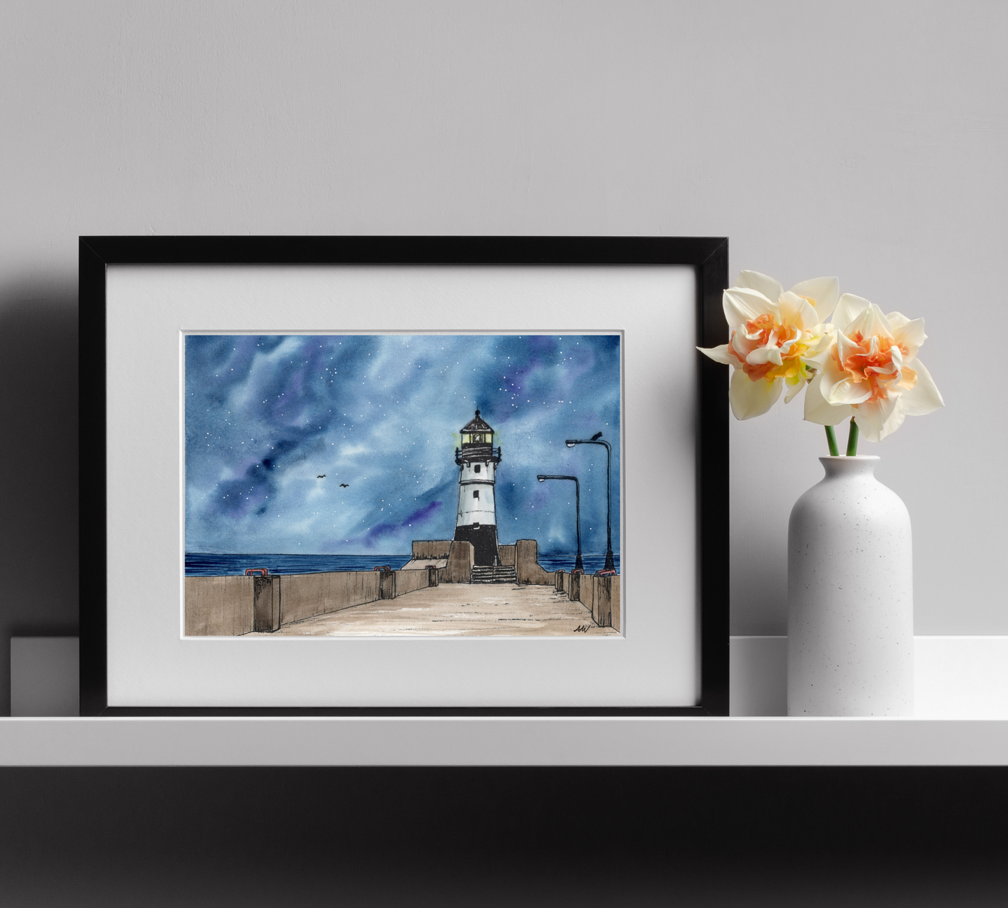 Duluth Lighthouse at Night Pen and Watercolor Art - Archival Quality Art Print