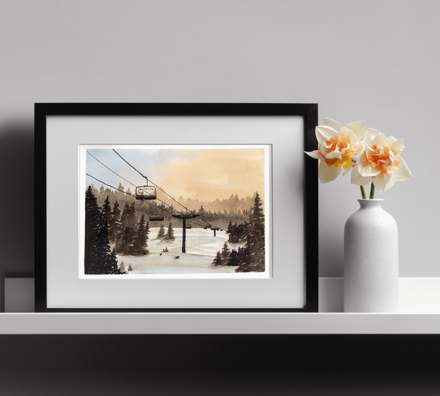 Skiing at Sunset Pen and Watercolor Painting - Archival Quality Art Print - alyssawhetstoneart
