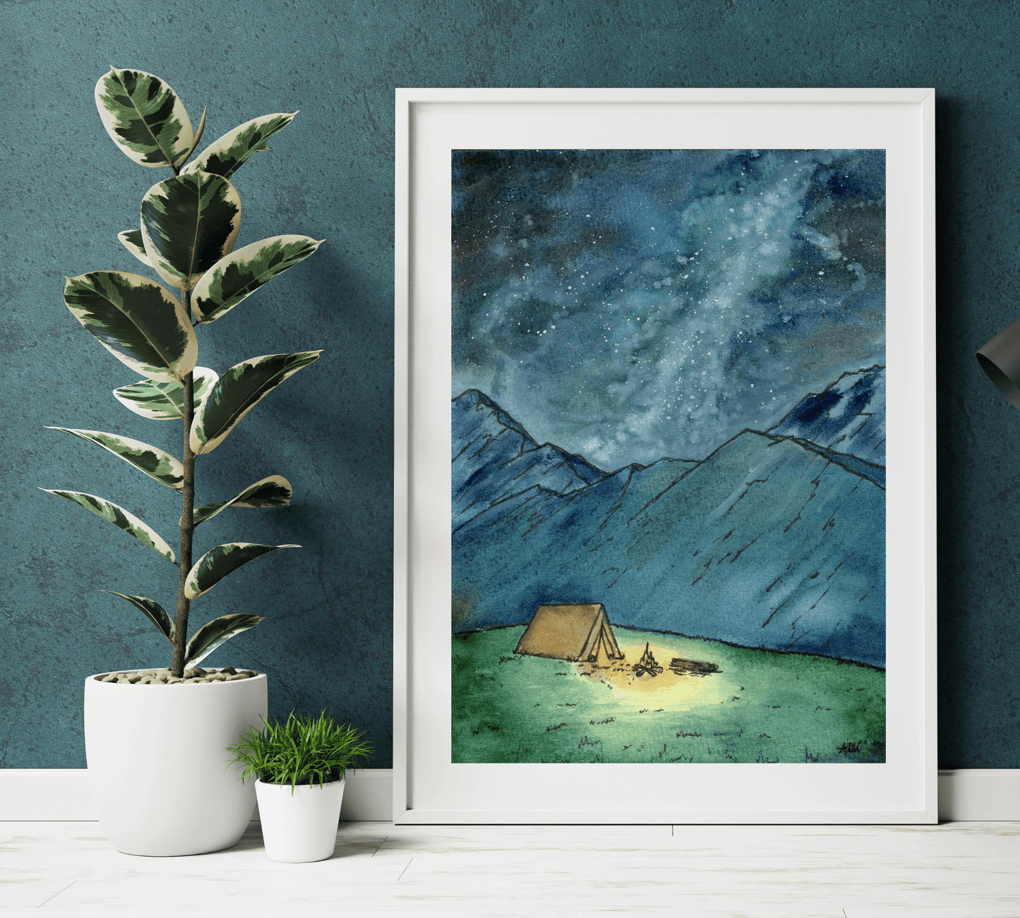 Camping Under the Night Sky in Pen and Watercolor - Archival Quality Art Print