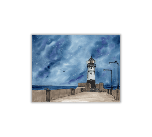 Duluth Lighthouse at Night Pen and Watercolor Art - Archival Quality Art Print - alyssawhetstoneart