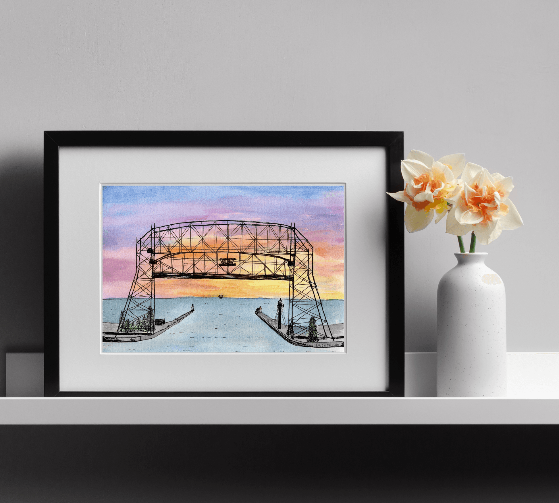 Duluth Lift Bridge Pen and Watercolor Art - Archival Quality Art Print - alyssawhetstoneart