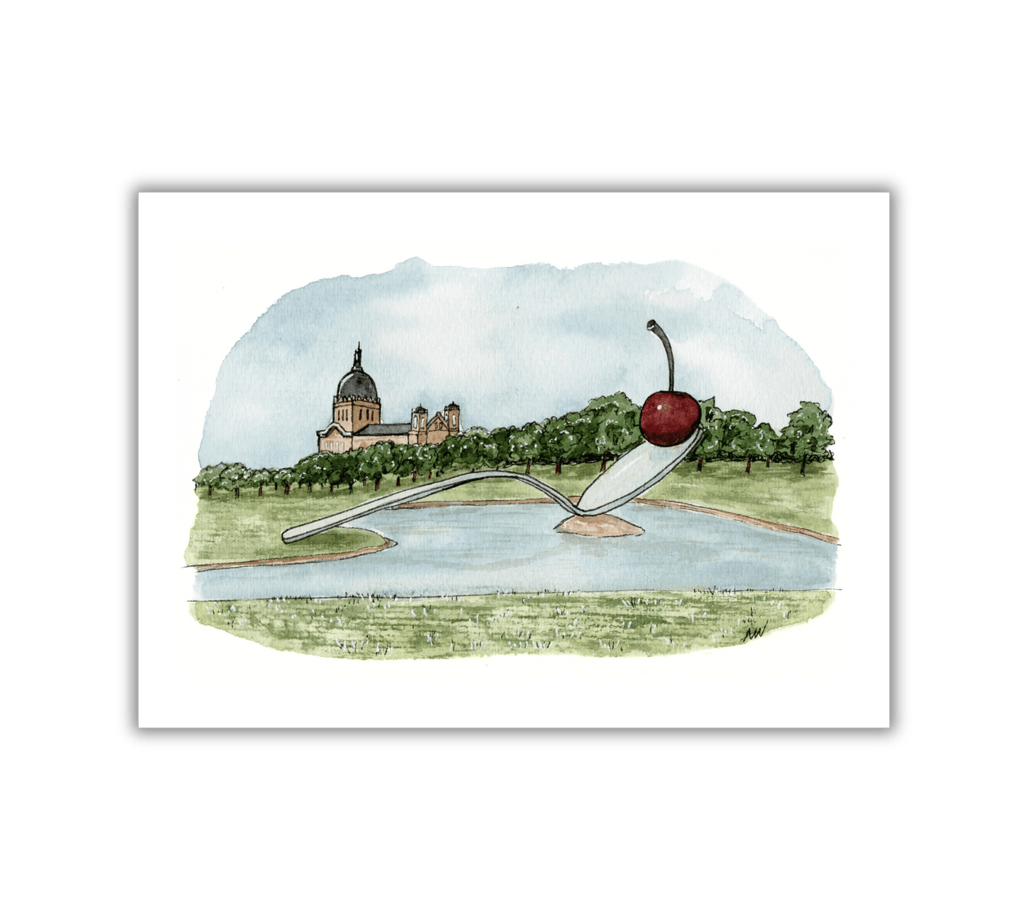 Cherry and Spoon Sculpture - Pen and Watercolor Art - Archival Quality Art Print - alyssawhetstoneart