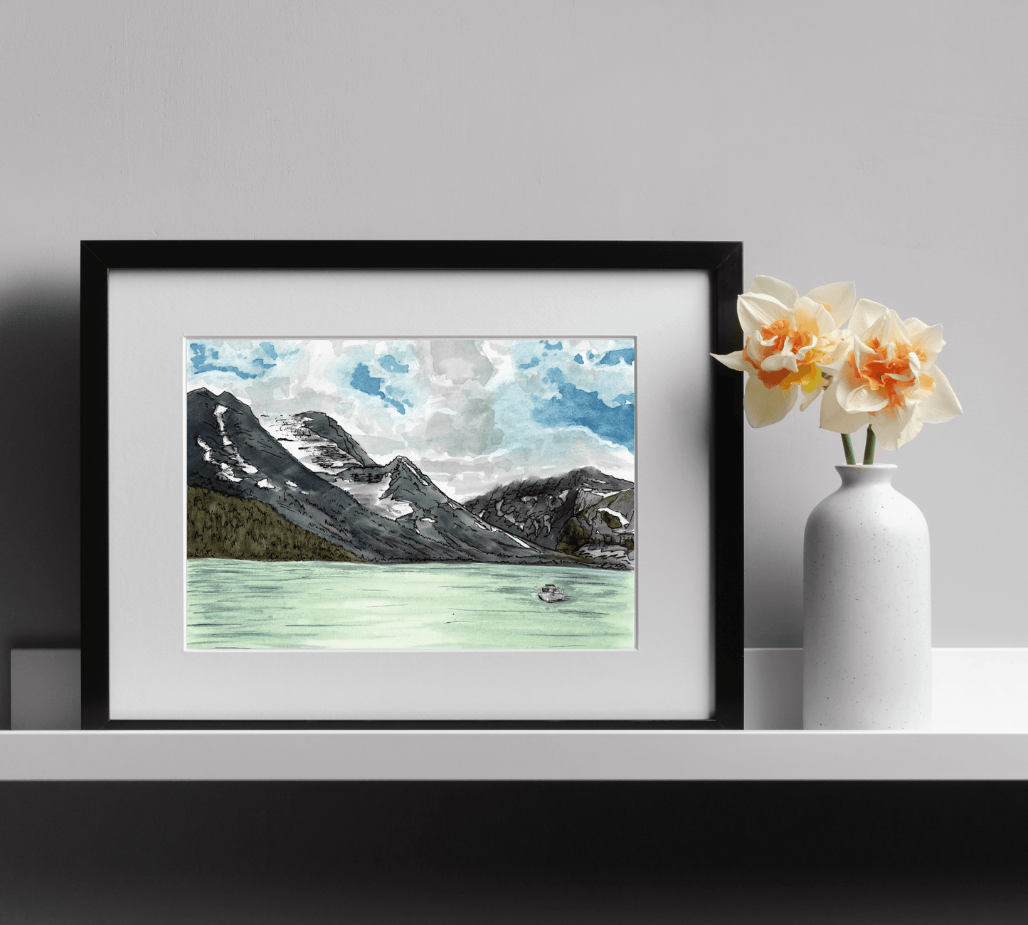Lake Josephine East Glacier National Park in Pen and Watercolor - Archival Quality Art Print