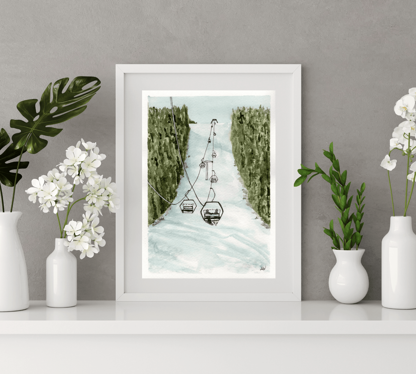 Skiing through the Pines - Pen and Watercolor Painting - Archival Quality Art Print - alyssawhetstoneart