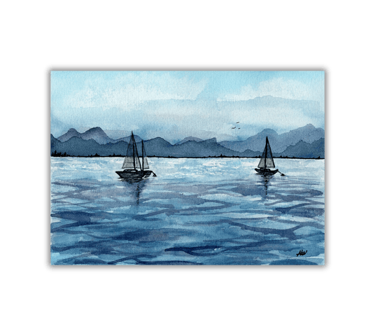 Sailboats - Pen and Watercolor Archival Art Print - alyssawhetstoneart
