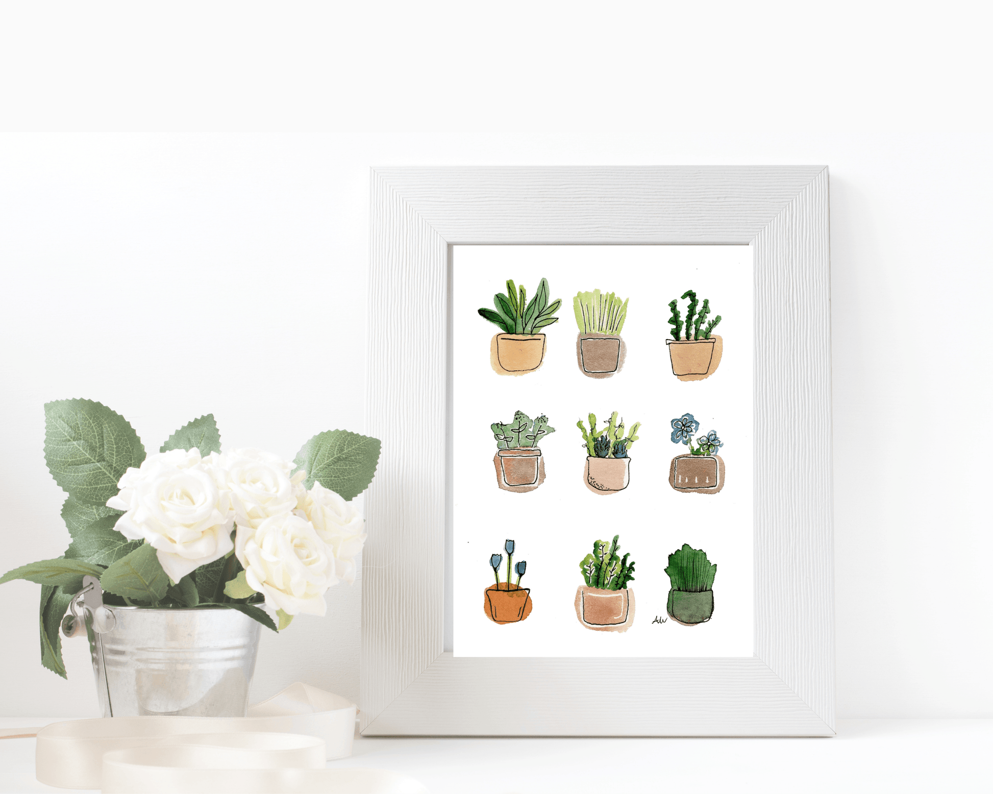 Nine Plants Pen and Watercolor Painting - Archival Quality Art Print - alyssawhetstoneart