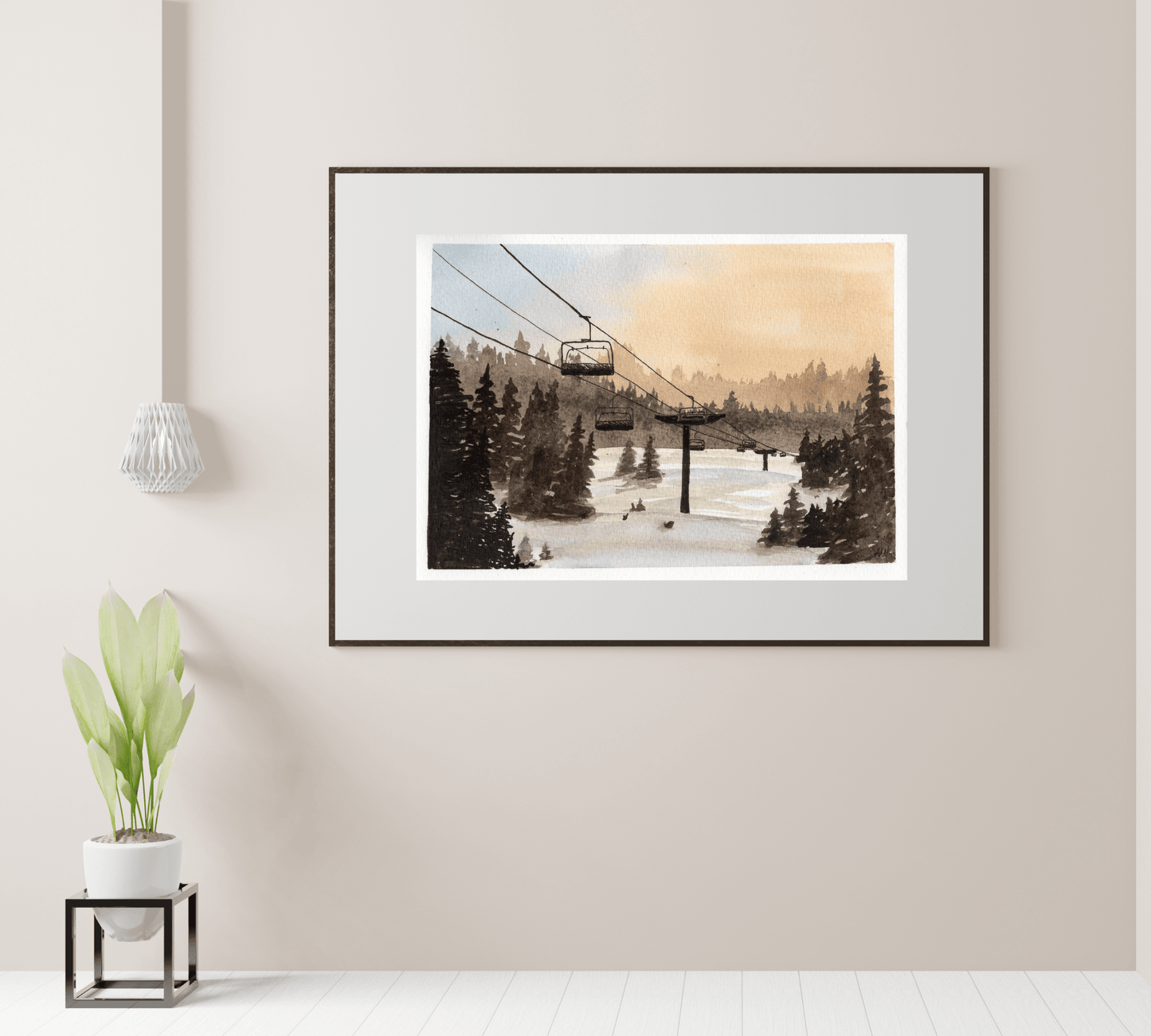 Skiing at Sunset Pen and Watercolor Painting - Archival Quality Art Print - alyssawhetstoneart