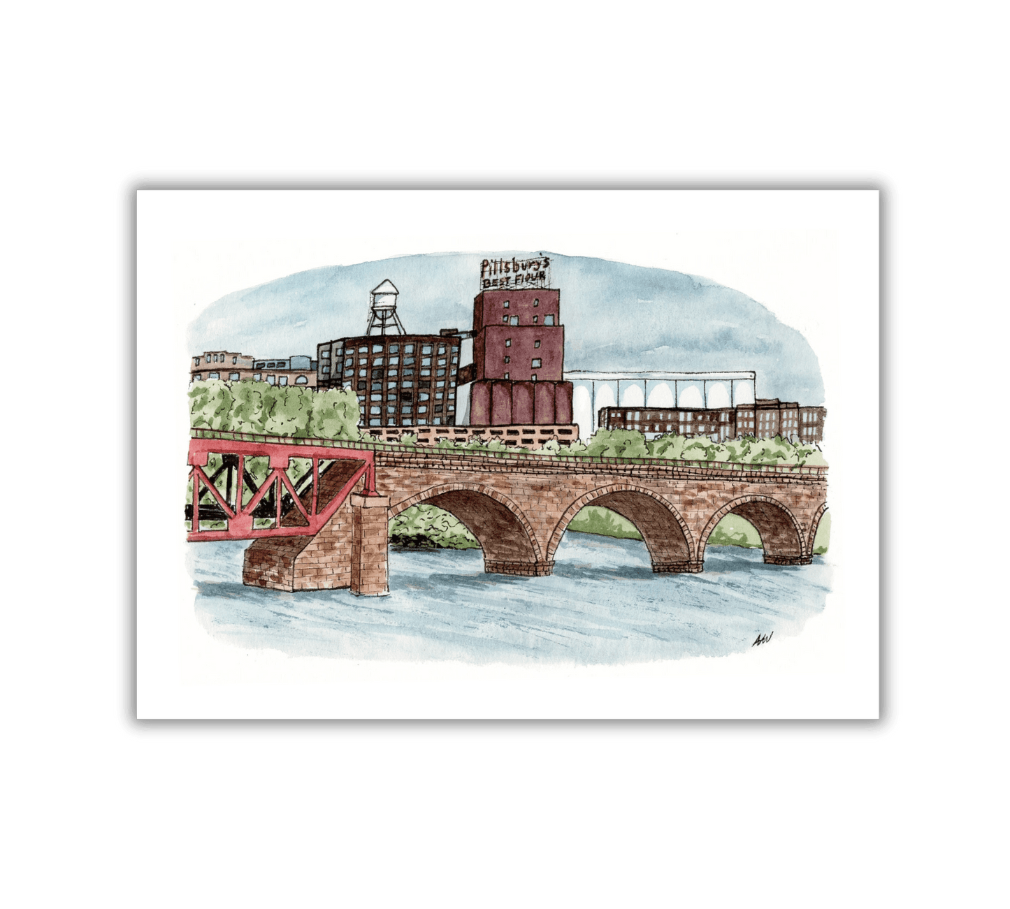 Pillsbury at the Stone Arch - Pen and Watercolor Art - Archival Quality Art Print - alyssawhetstoneart