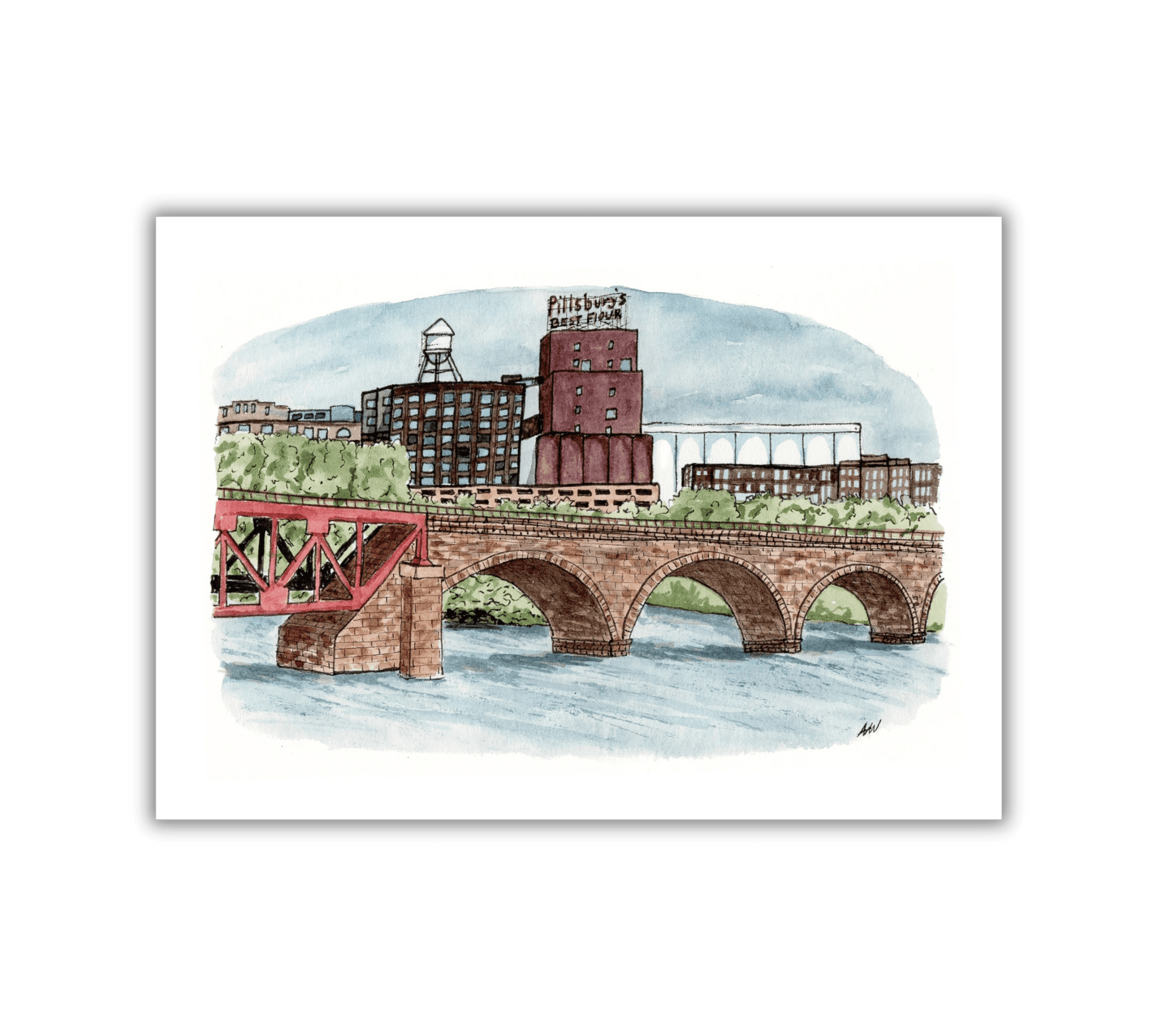 Pillsbury at the Stone Arch - Pen and Watercolor Art - Archival Quality Art Print - alyssawhetstoneart
