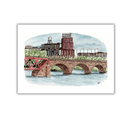 Pillsbury at the Stone Arch - Pen and Watercolor Art - Archival Quality Art Print - alyssawhetstoneart