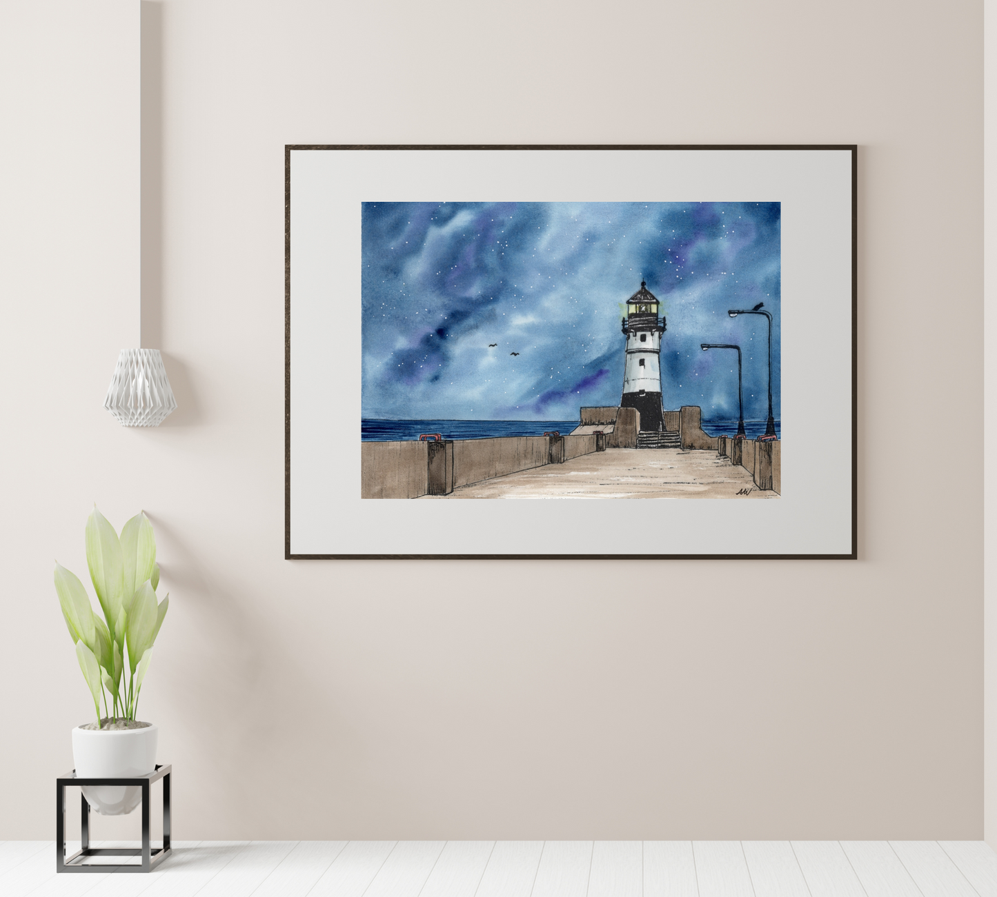 Duluth Lighthouse at Night Pen and Watercolor Art - Archival Quality Art Print