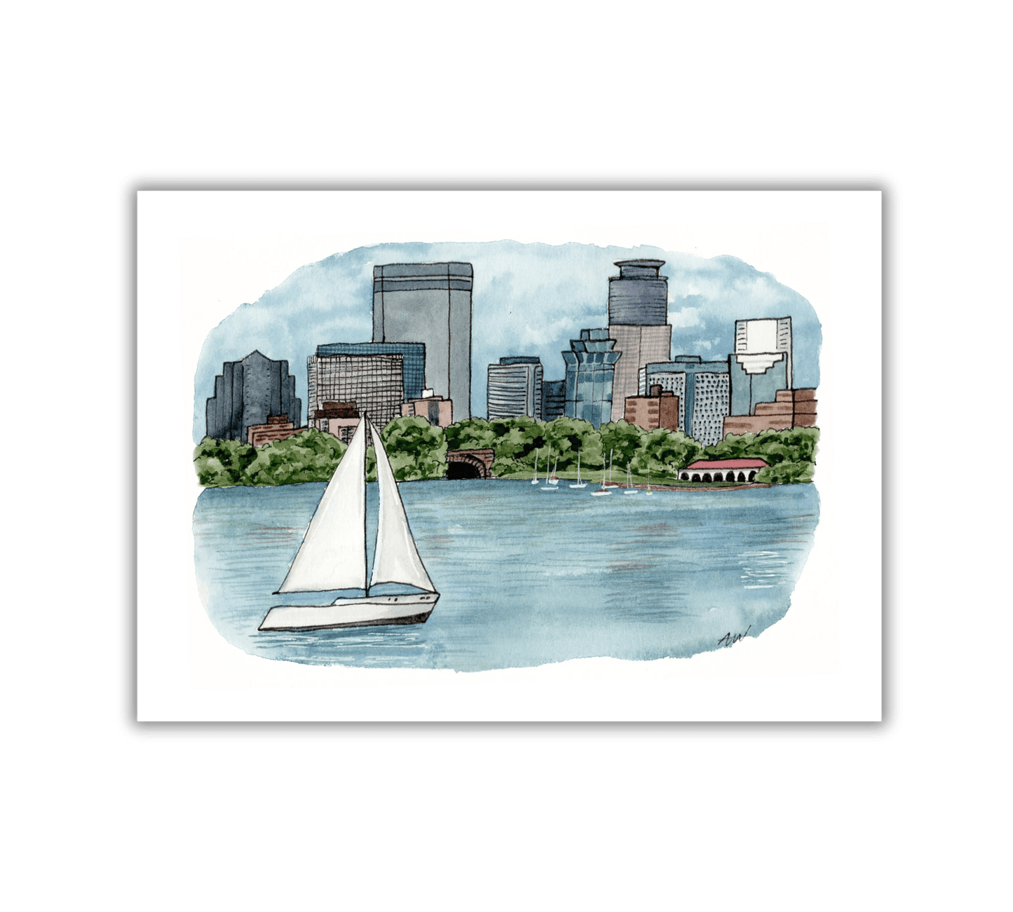 Bde Maka Ska view of Minneapolis - Pen and Watercolor Art - Archival Quality Art Print - alyssawhetstoneart