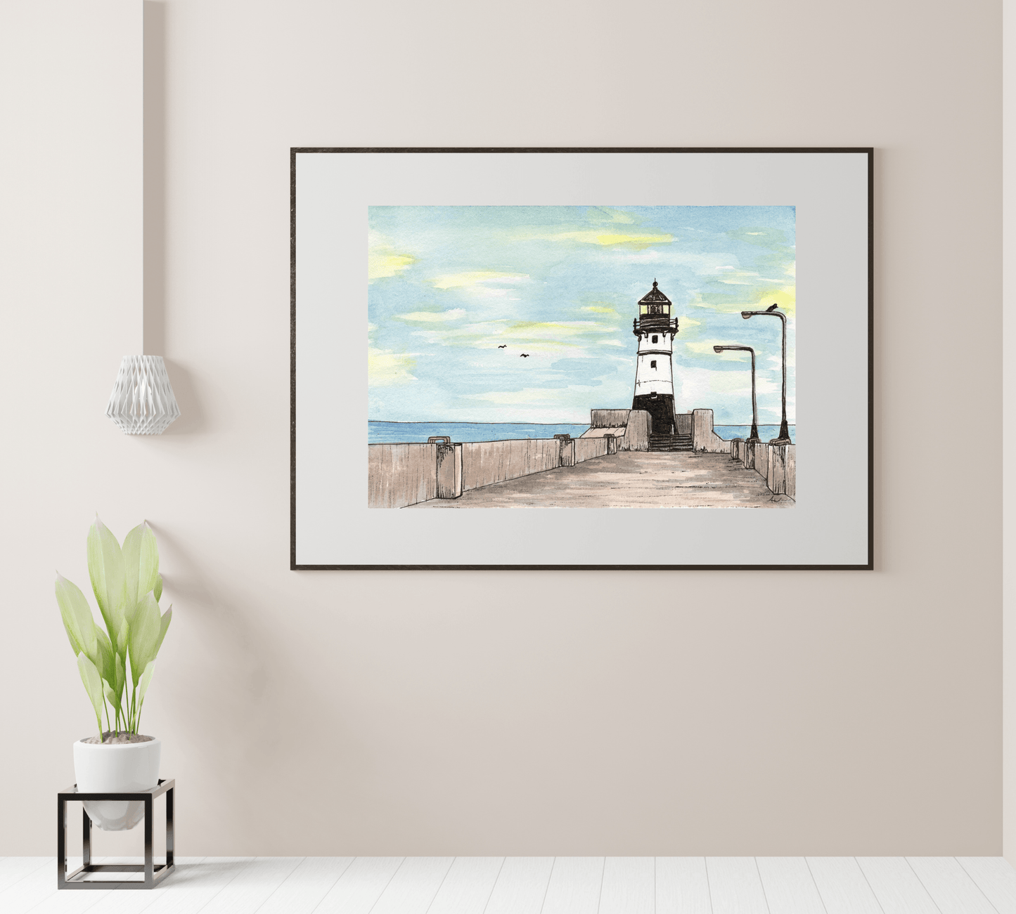 Duluth Lighthouse Pen and Watercolor Art - Archival Quality Art Print