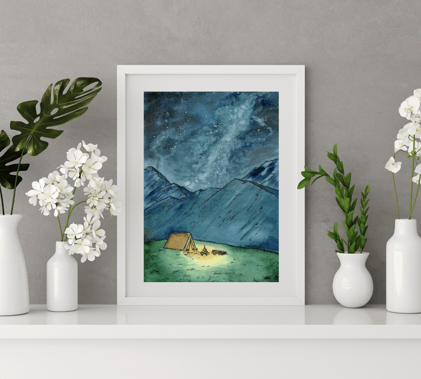 Camping Under the Night Sky in Pen and Watercolor - Archival Quality Art Print