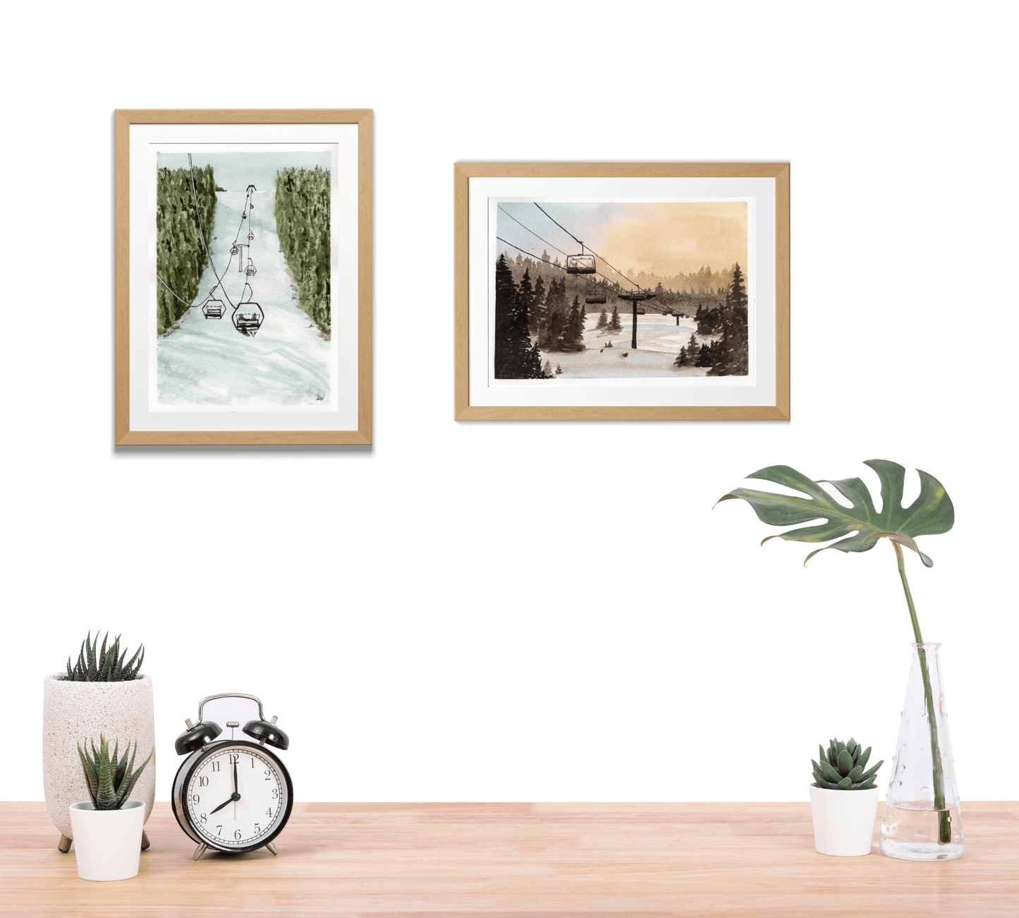 Skiing at Sunset Pen and Watercolor Painting - Archival Quality Art Print - alyssawhetstoneart