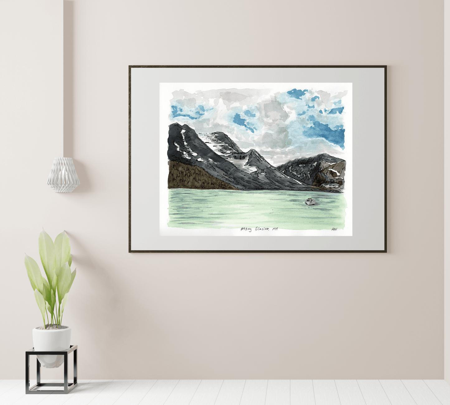 Lake Josephine East Glacier National Park in Pen and Watercolor - Archival Quality Art Print