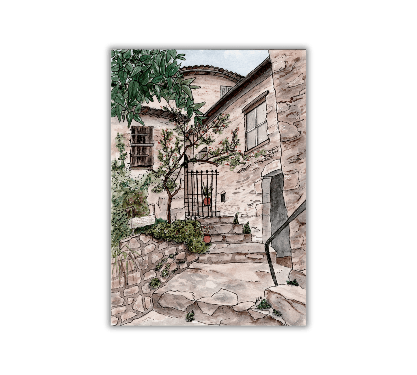 Eze Village France Pen and Watercolor Art - Archival Quality Art Print