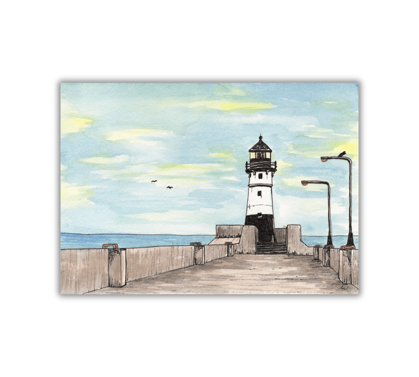 Duluth Lighthouse Pen and Watercolor Art - Archival Quality Art Print