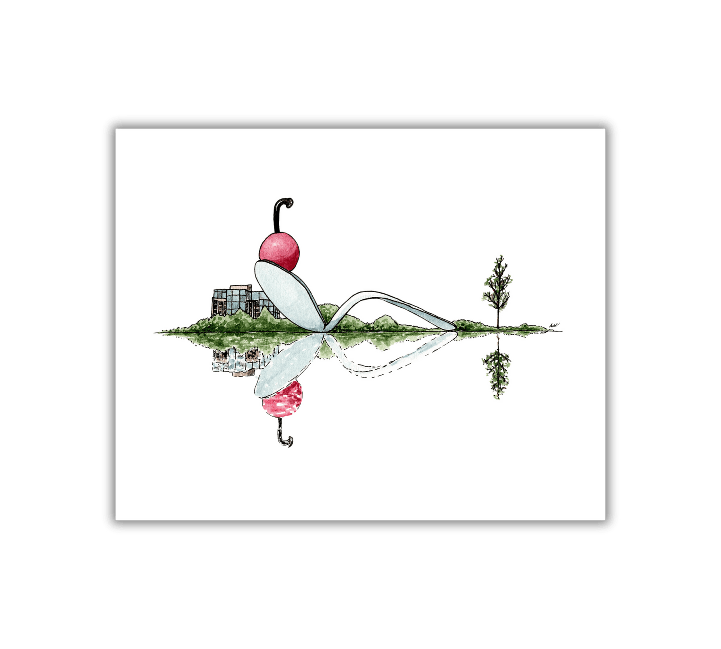 Cherry and Spoon Reflection - Pen and Watercolor Art - Archival Quality Art Print