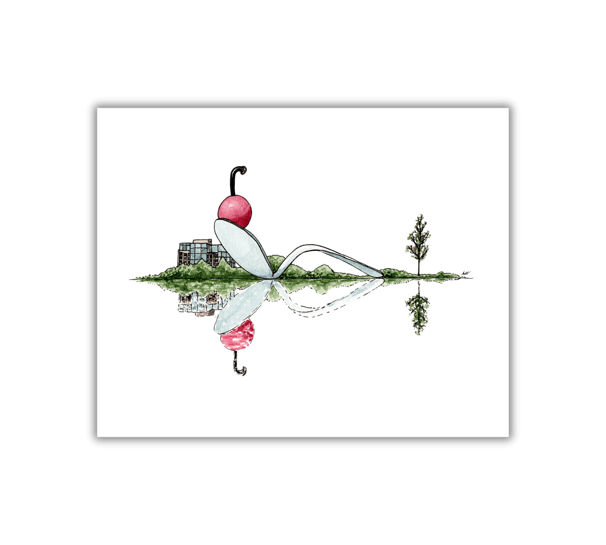 Cherry and Spoon Reflection - Pen and Watercolor Art - Archival Quality Art Print - alyssawhetstoneart