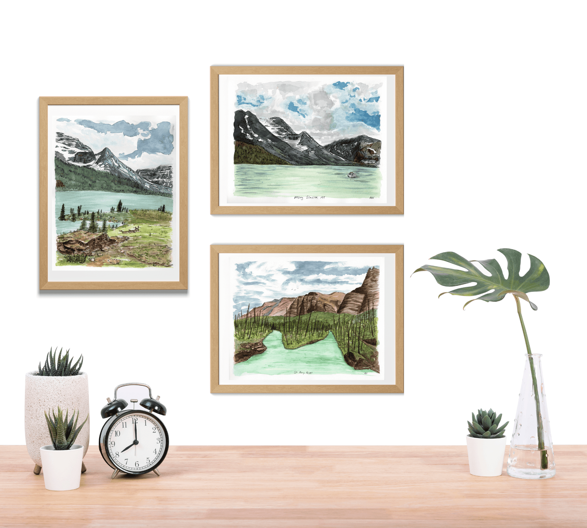 Many Glacier Montana - East Glacier National Park in Pen and Watercolor - Archival Quality Art Print - alyssawhetstoneart