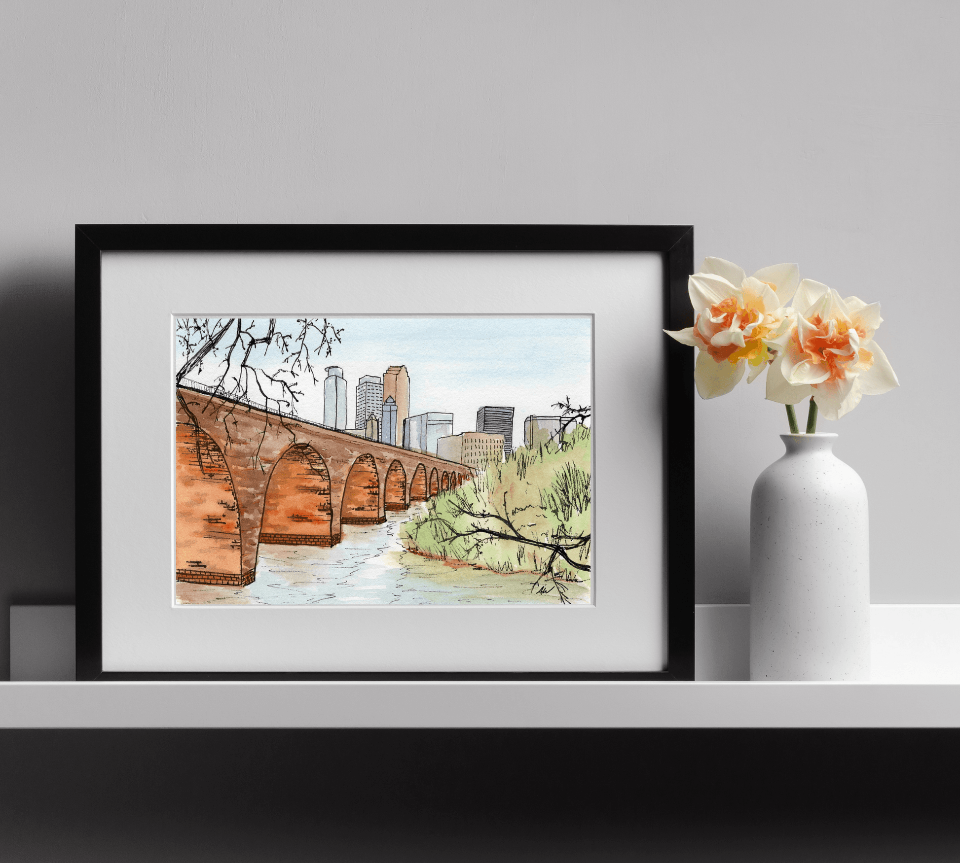 Stone Arch Bridge in Pen and Watercolor - Archival Quality Art Print - alyssawhetstoneart