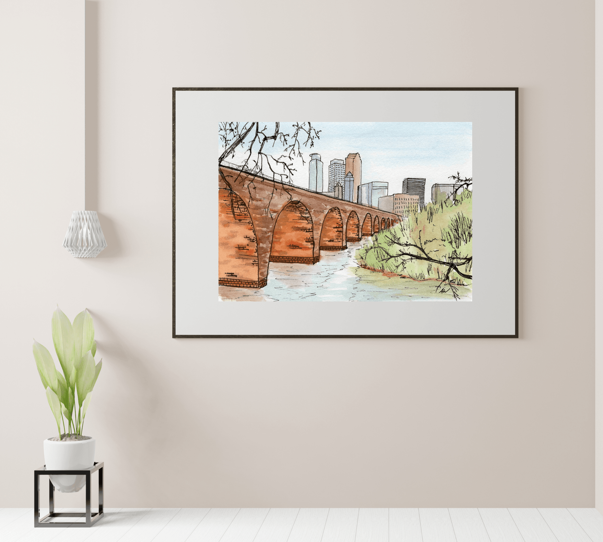 Stone Arch Bridge in Pen and Watercolor - Archival Quality Art Print - alyssawhetstoneart