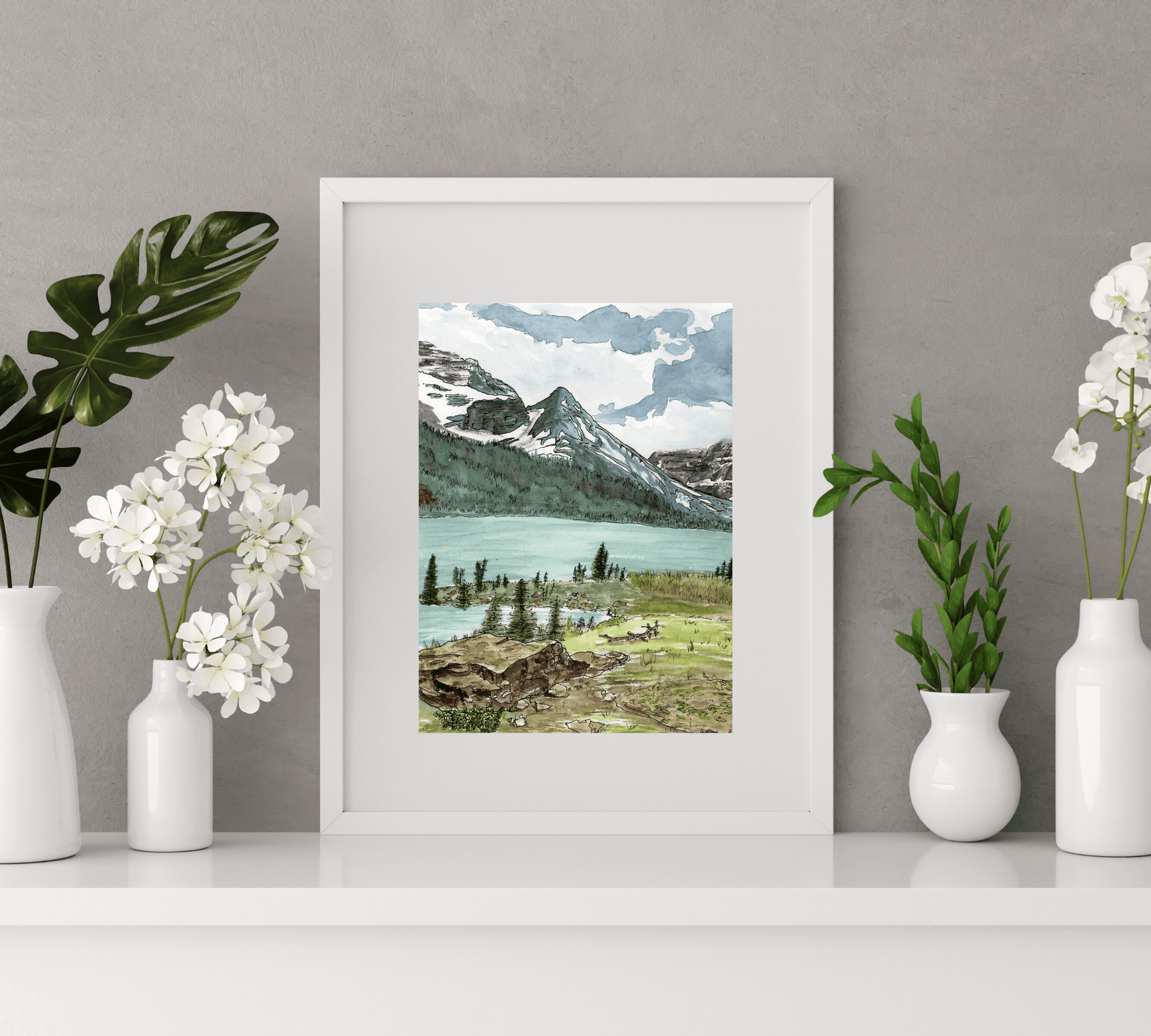 Many Glacier Montana - East Glacier National Park in Pen and Watercolor - Archival Quality Art Print - alyssawhetstoneart