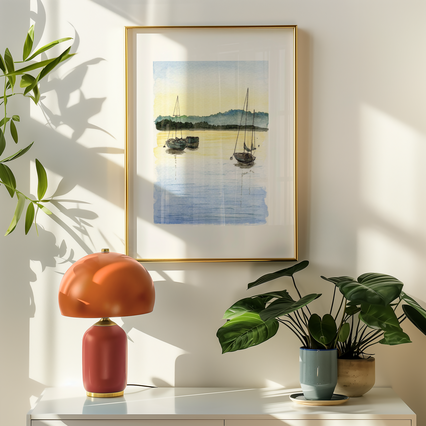 Sailboats at Sunset Pen and Watercolor Art - Archival Quality Art Print