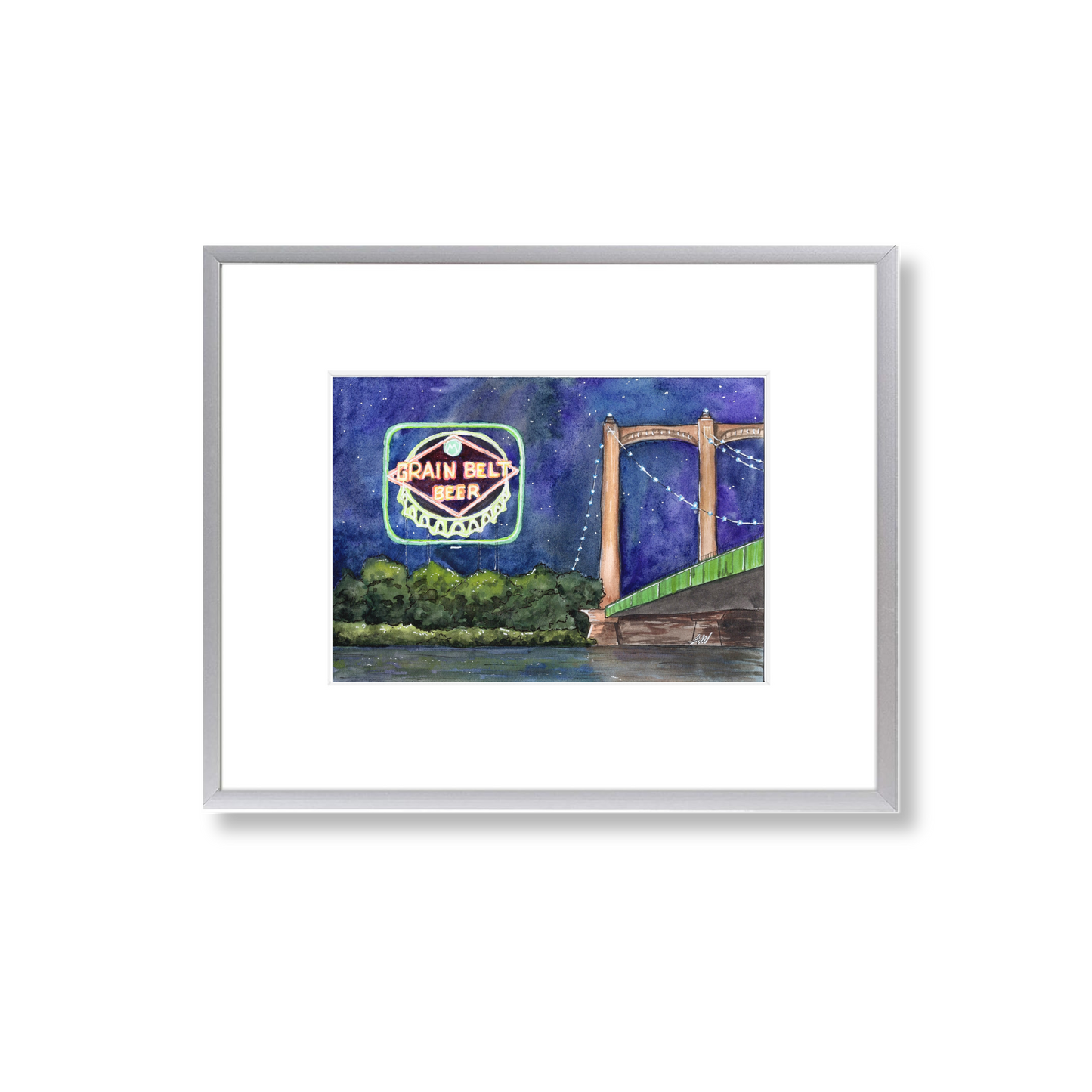 Grain Belt Beer Sign at Night - Framed Original Watercolor Painting