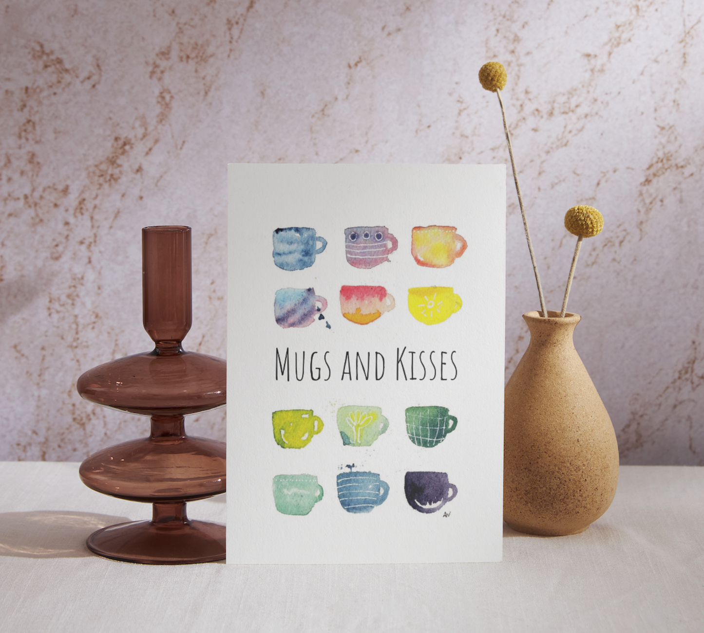 Mugs and Kisses Watercolor Greeting Card