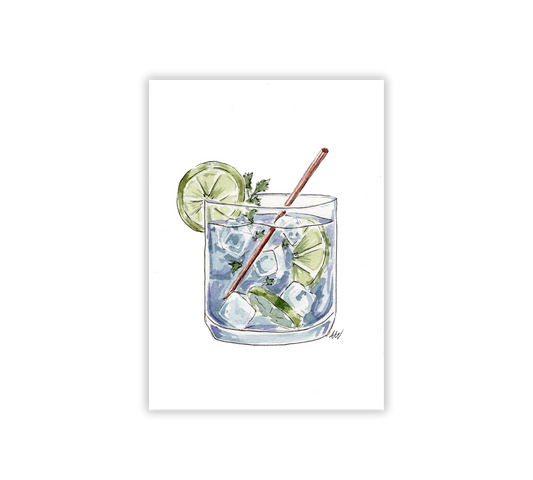 Gin and Tonic - Pen and Watercolor Archival Art Print - alyssawhetstoneart