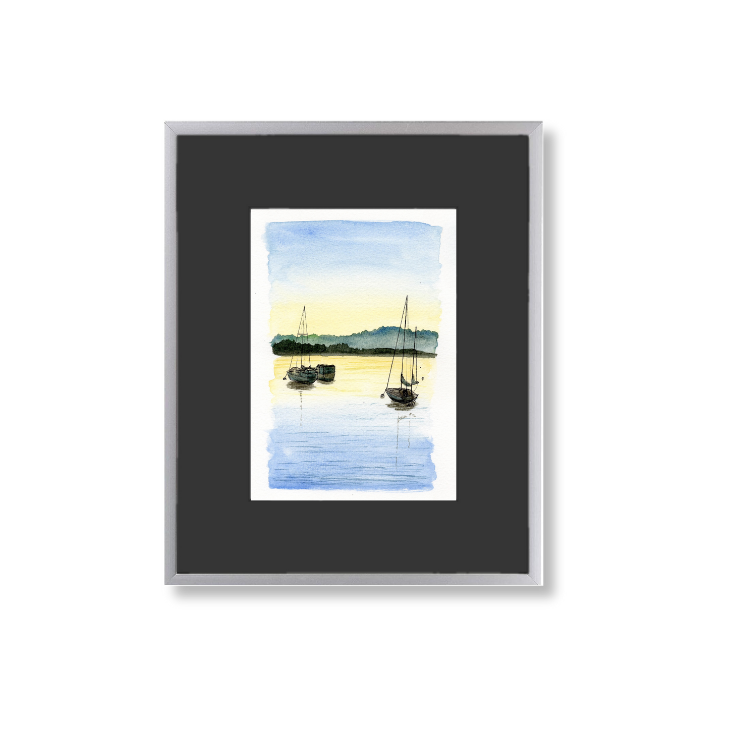 Sailboats at Dusk - Framed Original Watercolor Painting