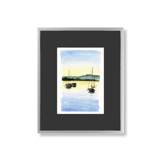 Sailboats at Dusk - Framed Original Watercolor Painting