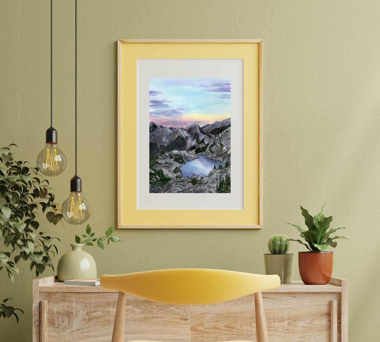 Mountain View of the Lake - Pen and Watercolor Archival Art Print