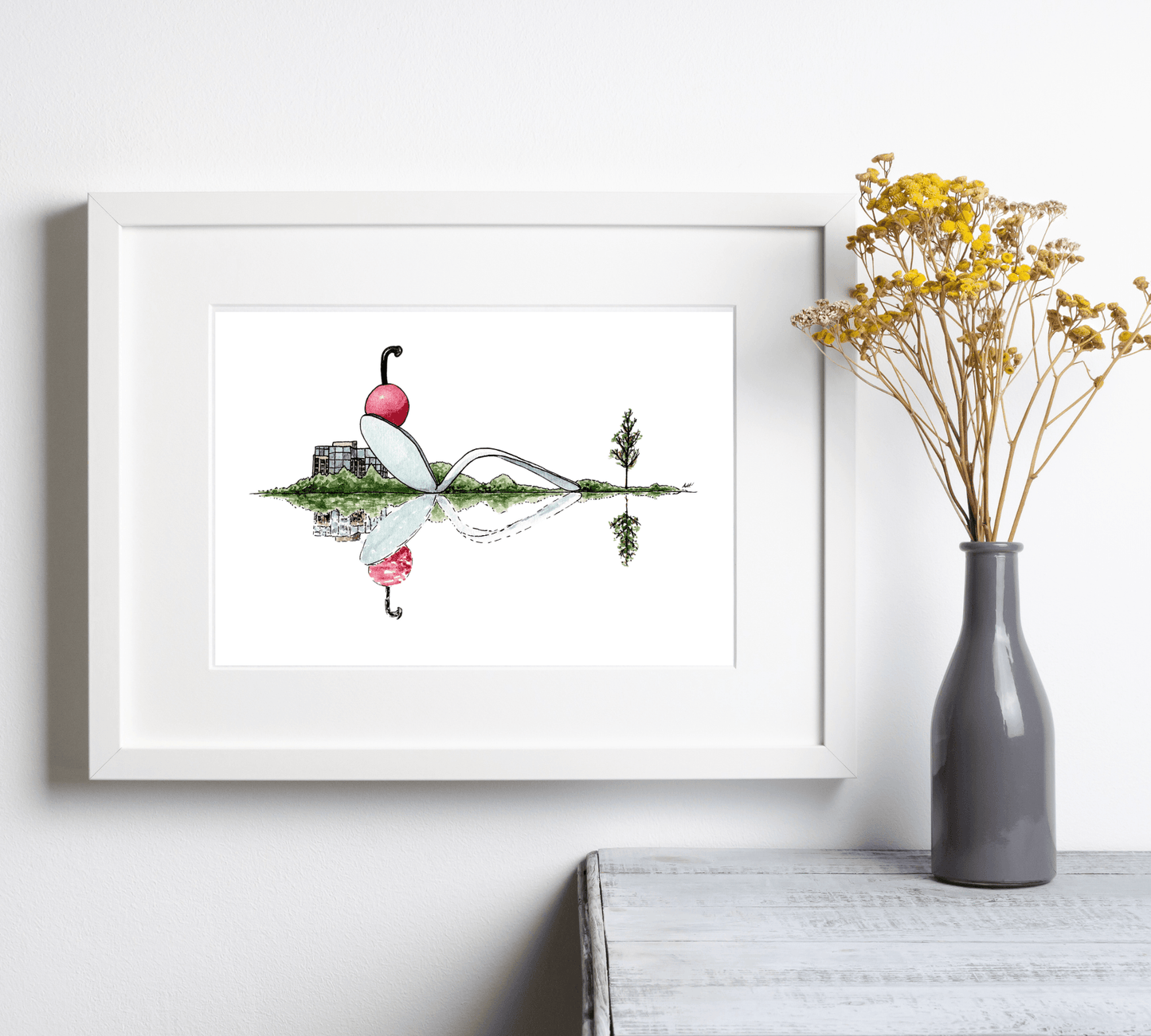 Cherry and Spoon Reflection - Pen and Watercolor Art - Archival Quality Art Print