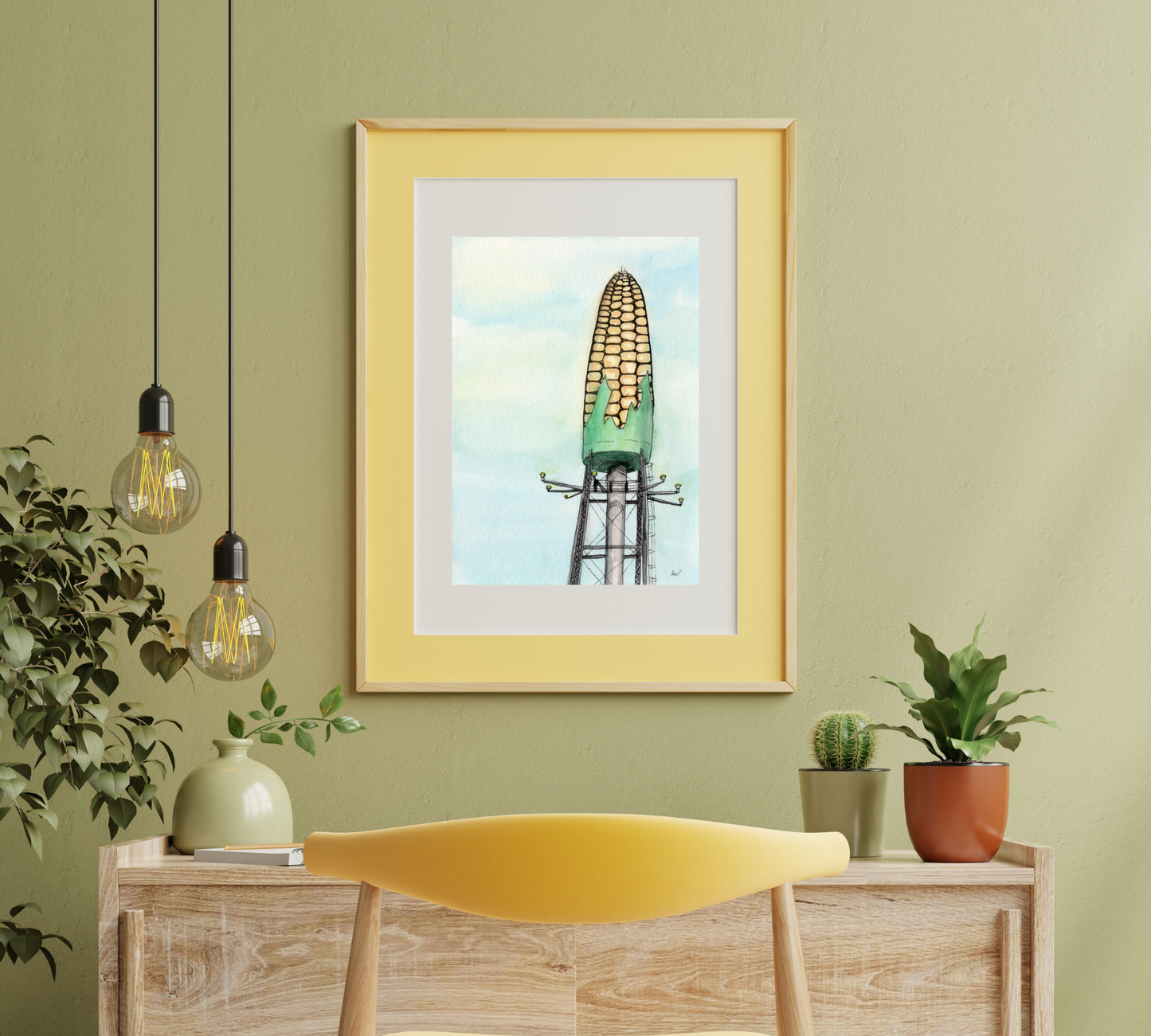 Rochester Corn Water Tower Pen and Watercolor Painting - Archival Quality Art Print