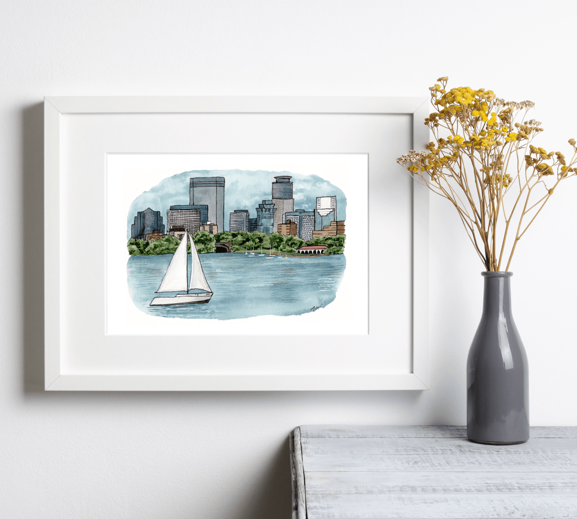 Bde Maka Ska view of Minneapolis - Pen and Watercolor Art - Archival Quality Art Print - alyssawhetstoneart