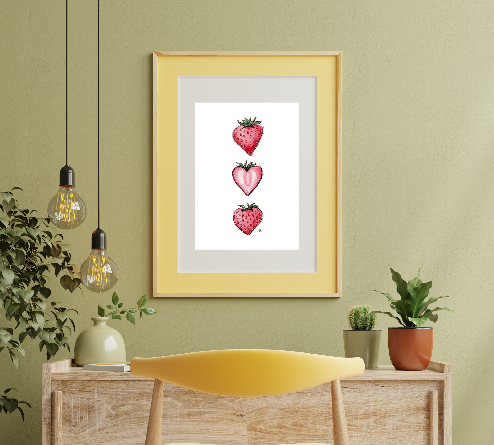 Strawberries - Pen and Watercolor Archival Art Print - alyssawhetstoneart