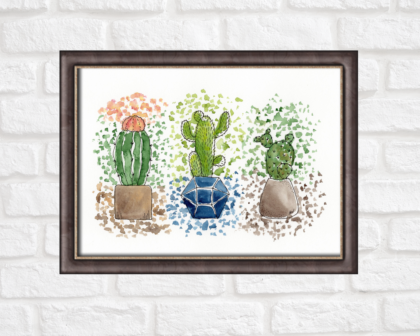 Splatter Cacti Pen and Watercolor Painting - Archival Quality Art Print