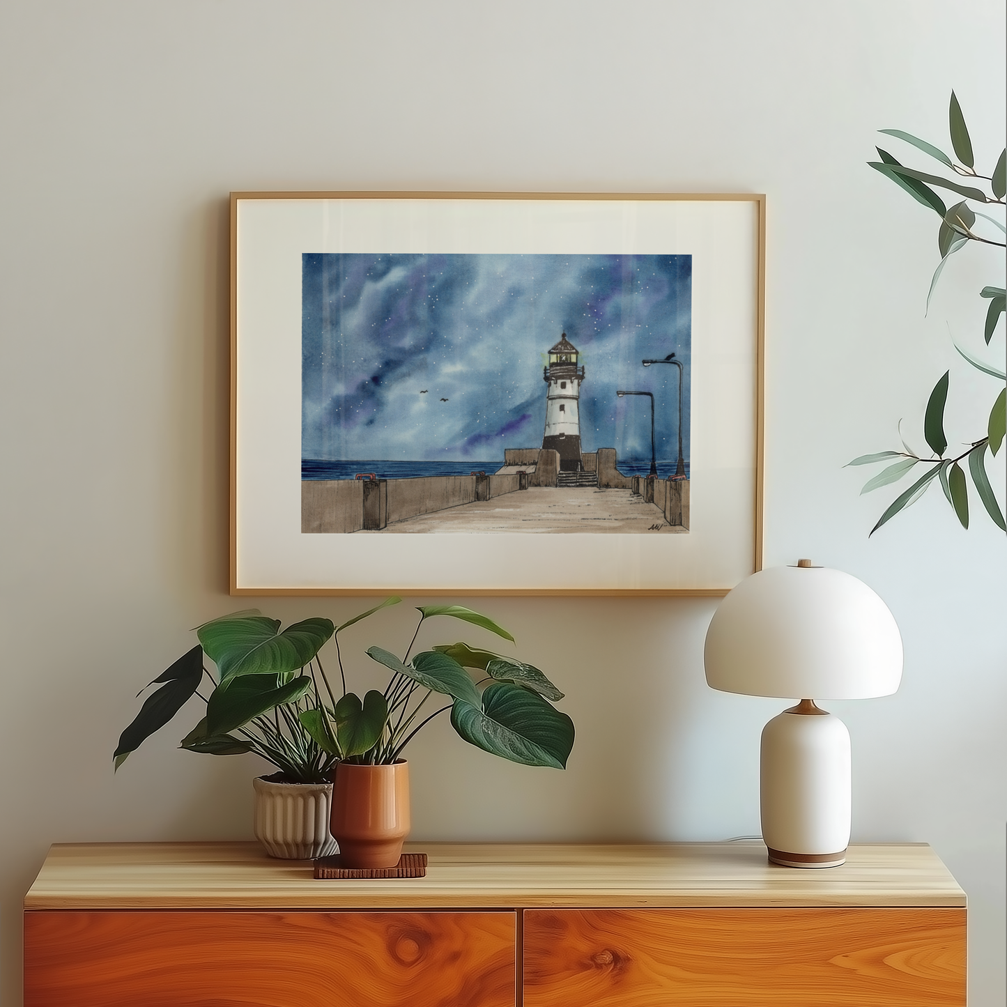 Duluth Lighthouse at Night Pen and Watercolor Art - Archival Quality Art Print