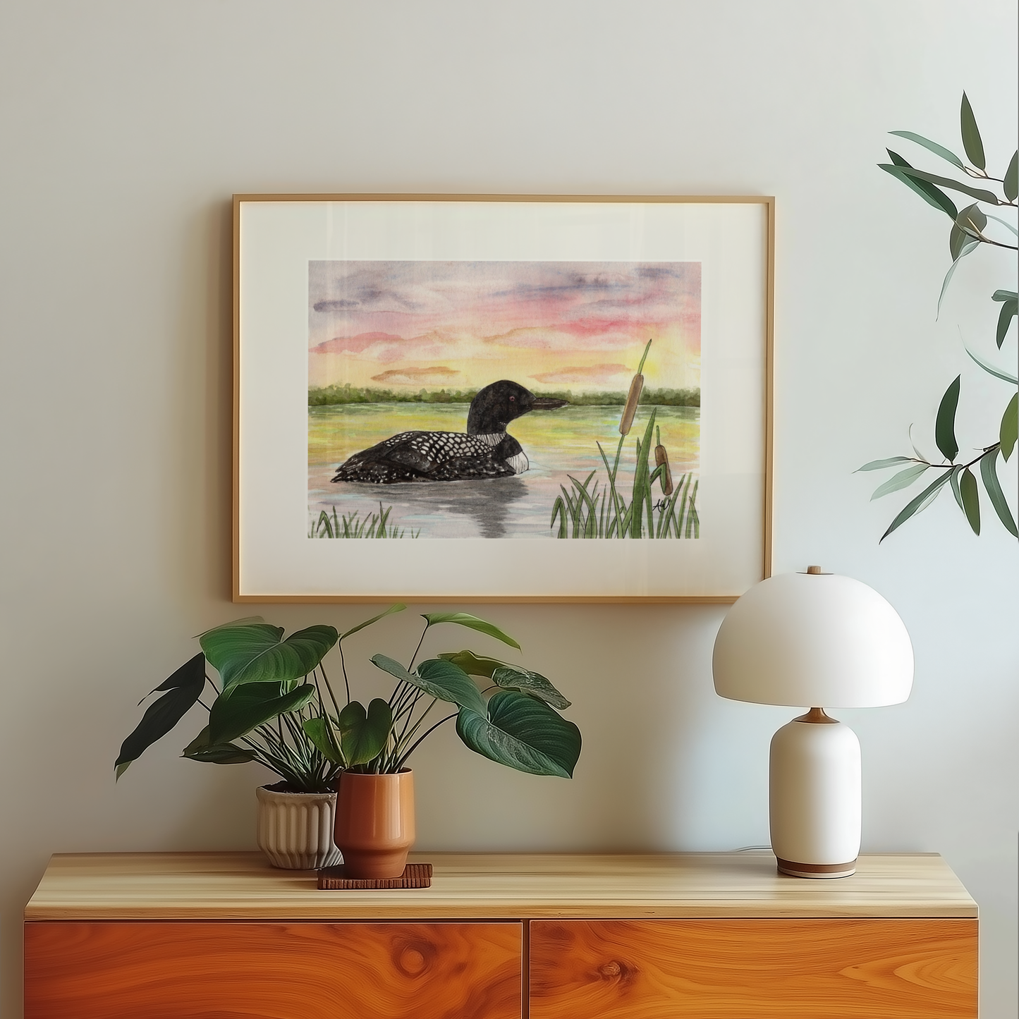 Loon at Sunset - Pen and Watercolor Painting - Archival Quality Art Print